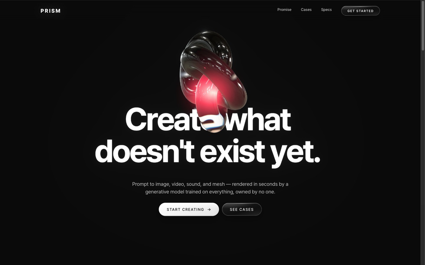 Prism 히어로 — 검은 배경 위 유리 오브젝트